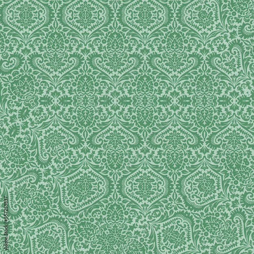 Green background with floral ornament. Abstract damask pattern. Watercolor on kraft paper texture. 