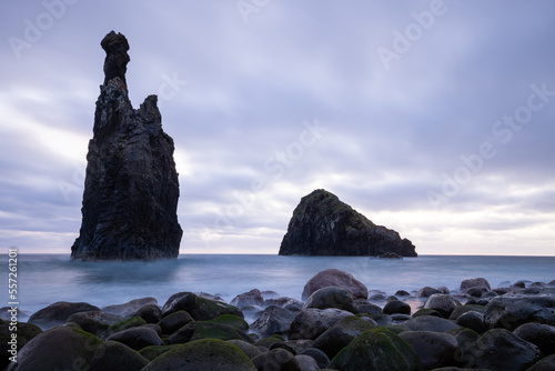 Great long exposure of the coast of Madeira at the Ribeira da Janela rock in Portugal.