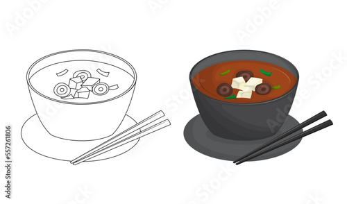 Japanese miso soup in black bowl with mushrooms and tofu. Kids coloring book for elementary school. Traditional Asian cuisine. Vector illustration. Cartoon. photo