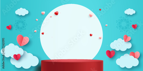 Blank red product exhibition stand or gift display showcase with white blank circle space on blue background with a space for text minimal conceptual 3D rendering 