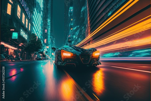 Car driving fast in a cyberpunk city at night