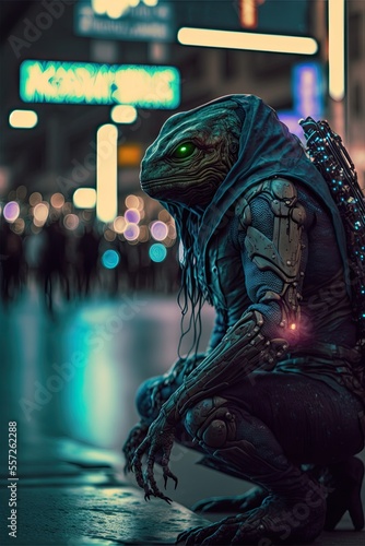 Humanoid frog mutant in a cyberpunk city, character design.