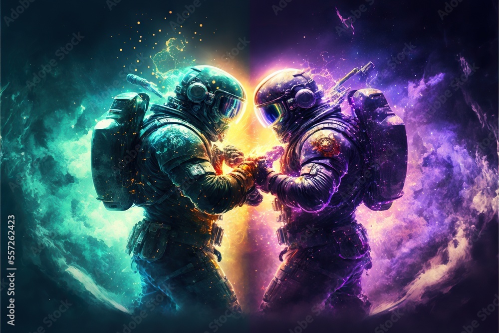 Epic battle in the stars, astronauts fighting in space, science fiction concept.