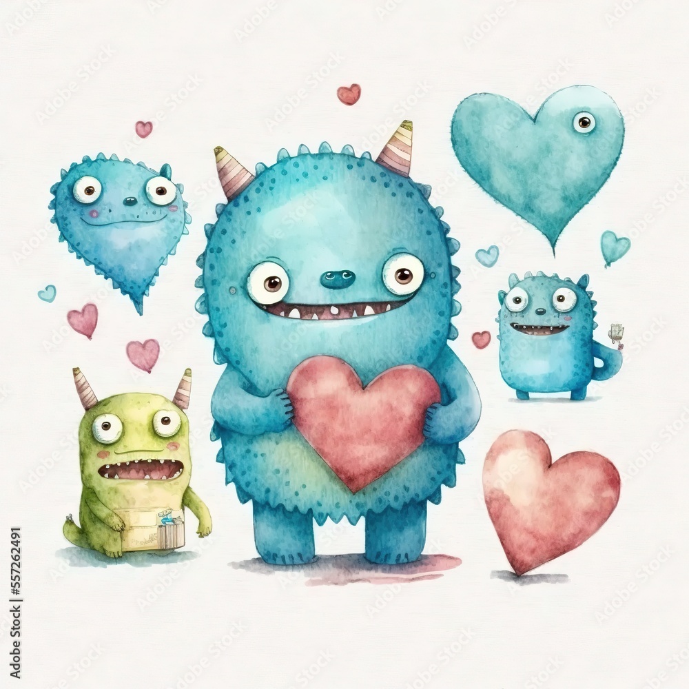 Obraz premium Stunning cute monsters watercolor illustration made with Generative AI