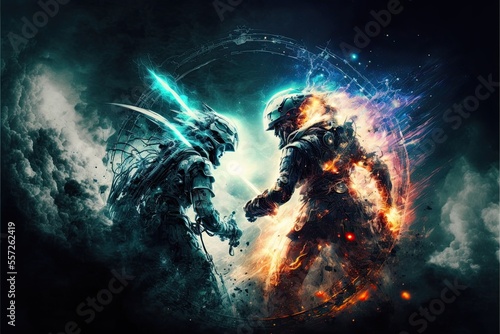 Epic battle in the stars, astronauts fighting in space, science fiction concept.