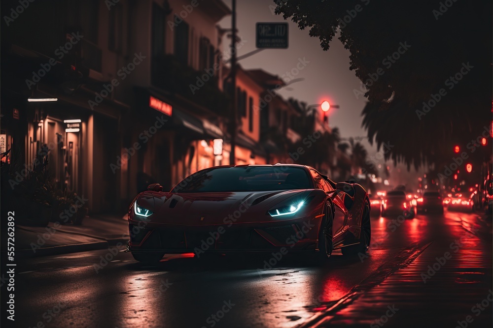 Front view of dark red super car concept model on night lit city street
