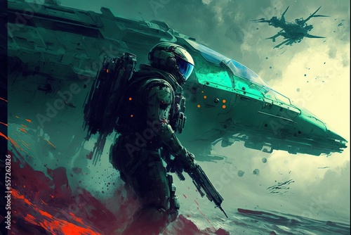 Fototapeta Naklejka Na Ścianę i Meble -  Science fiction action painting of soldier and spaceship