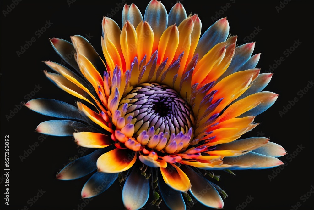 A close-up of a single, exotic flower with delicate, petals in a range of bright colors. Isolated on black background.