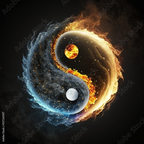 Twin flame yin yang symbol floating in space, isolated on black