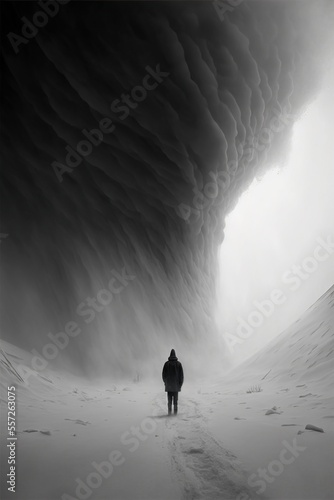 Snow blizzard, liminal space, copyspace