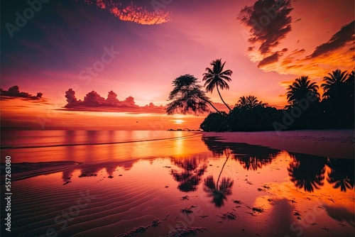 A beautiful, serene beach at sunset, with crystal-clear water lapping at the shore and palm trees swaying in the breeze. The sky is ablaze with shades of orange, pink, and purple. © Henry Letham