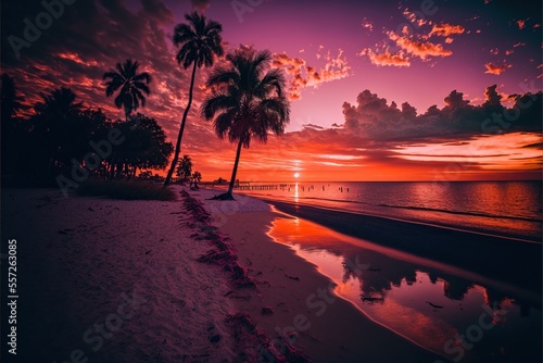 A beautiful, serene beach at sunset, with crystal-clear water lapping at the shore and palm trees swaying in the breeze. The sky is ablaze with shades of orange, pink, and purple.