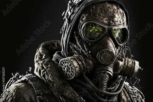 Fantasy character in gas mask, close-up, isolated on black background.