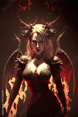 Hot blonde demoness with wings and horns