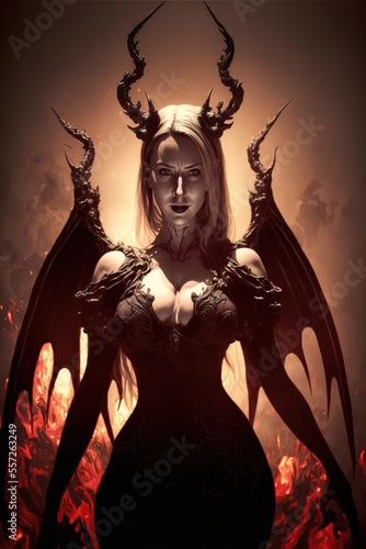 Sexy blonde demoness devil woman in black outfit, summoned from hell.