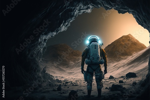 Astronaut alone on alien planet. Desolate landscape in outer space.