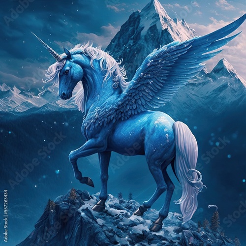 Blue unicorn on top of a mountain