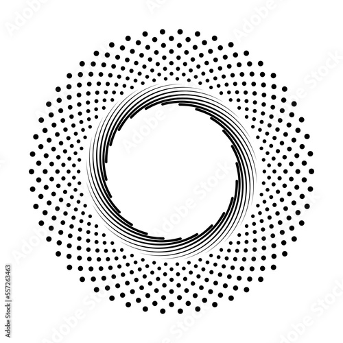 Abstract black halftone dots in circle form. Geometric art. Design element for border frame, round logo, blackout tattoo, sign, symbol, web pages, prints, template, pattern and abstract background