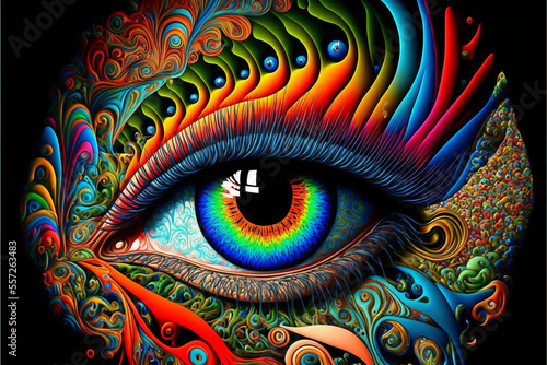 Psychedelic colorful human eye macro close-up, Fictional person, Generative AI