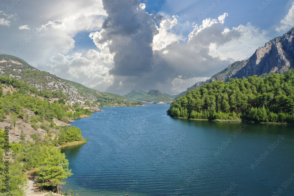 Natural view of Karacaören Dam. Trout production facilities, accommodation, amateur fishing and water sports are also available in the lake. Isparta - Turkey