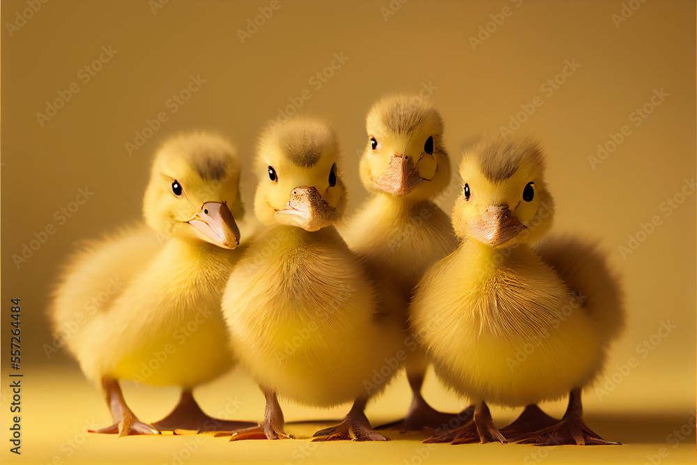 Adorable Little Ducklings on Yellow Background.Generative ai