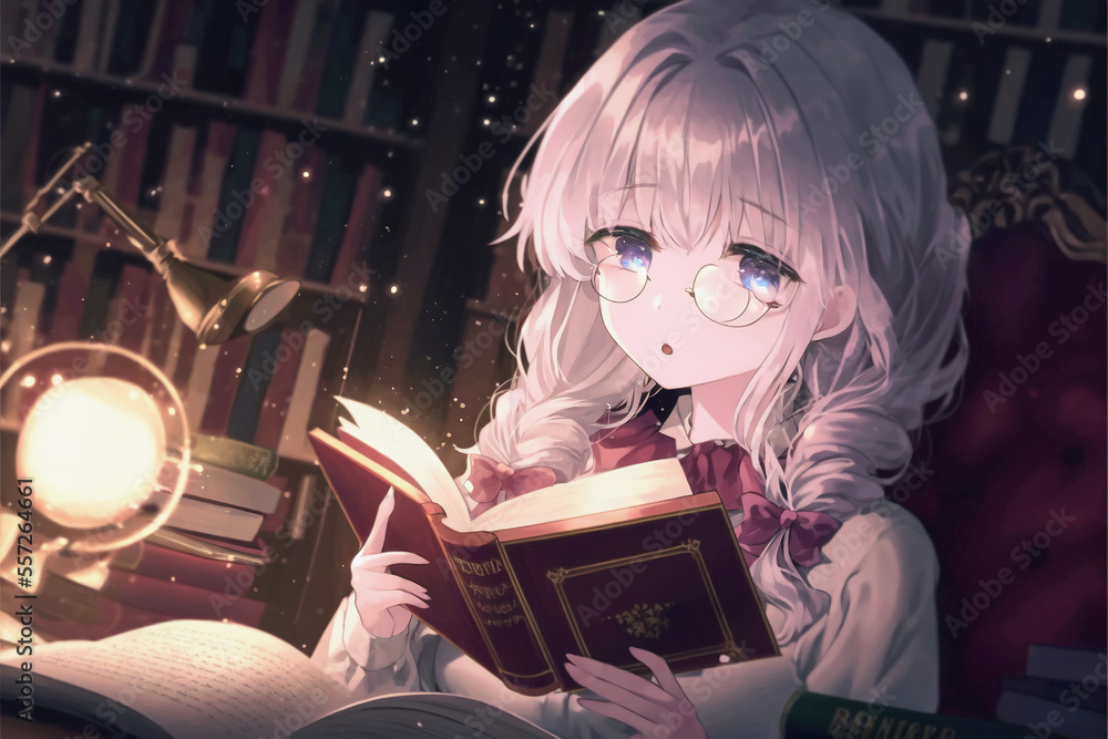 ai generated illustration of a young anime girl reading a book in a ...