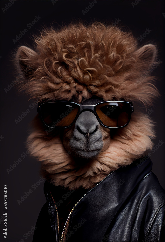 Obraz premium Very Cool Alpaca with Big Hair Style Wearing Sunglasses and Black Leather Jacket. Generative ai
