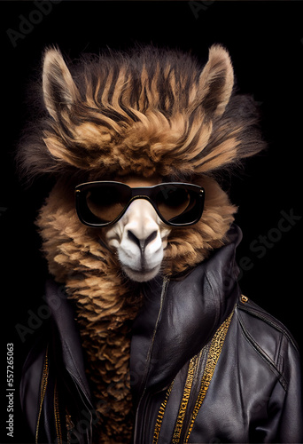 Very Cool Alpaca with Big Hair Style Wearing Sunglasses and Black Leather Jacket. Generative ai © Anna Hoychuk