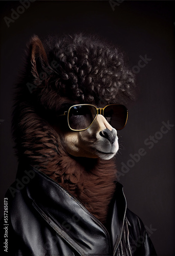 Very Cool Alpaca with Big Hair Style Wearing Sunglasses and Black Leather Jacket. Generative ai