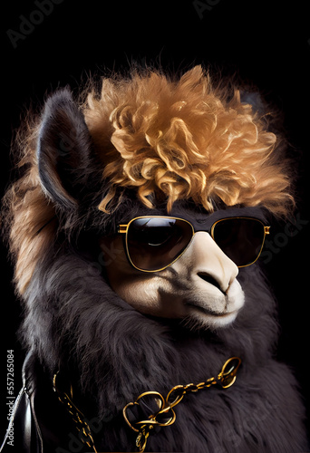 Very Cool Alpaca with Big Hair Style Wearing Sunglasses and Black Leather Jacket. Generative ai © Anna Hoychuk