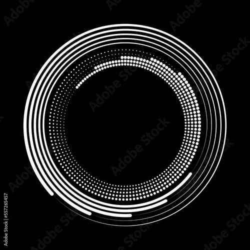 White speed lines and dots in circle form. Geometric art. Design element for border frame, round logo, blackout tattoo, sign, symbol, web pages, prints, template, pattern and abstract background