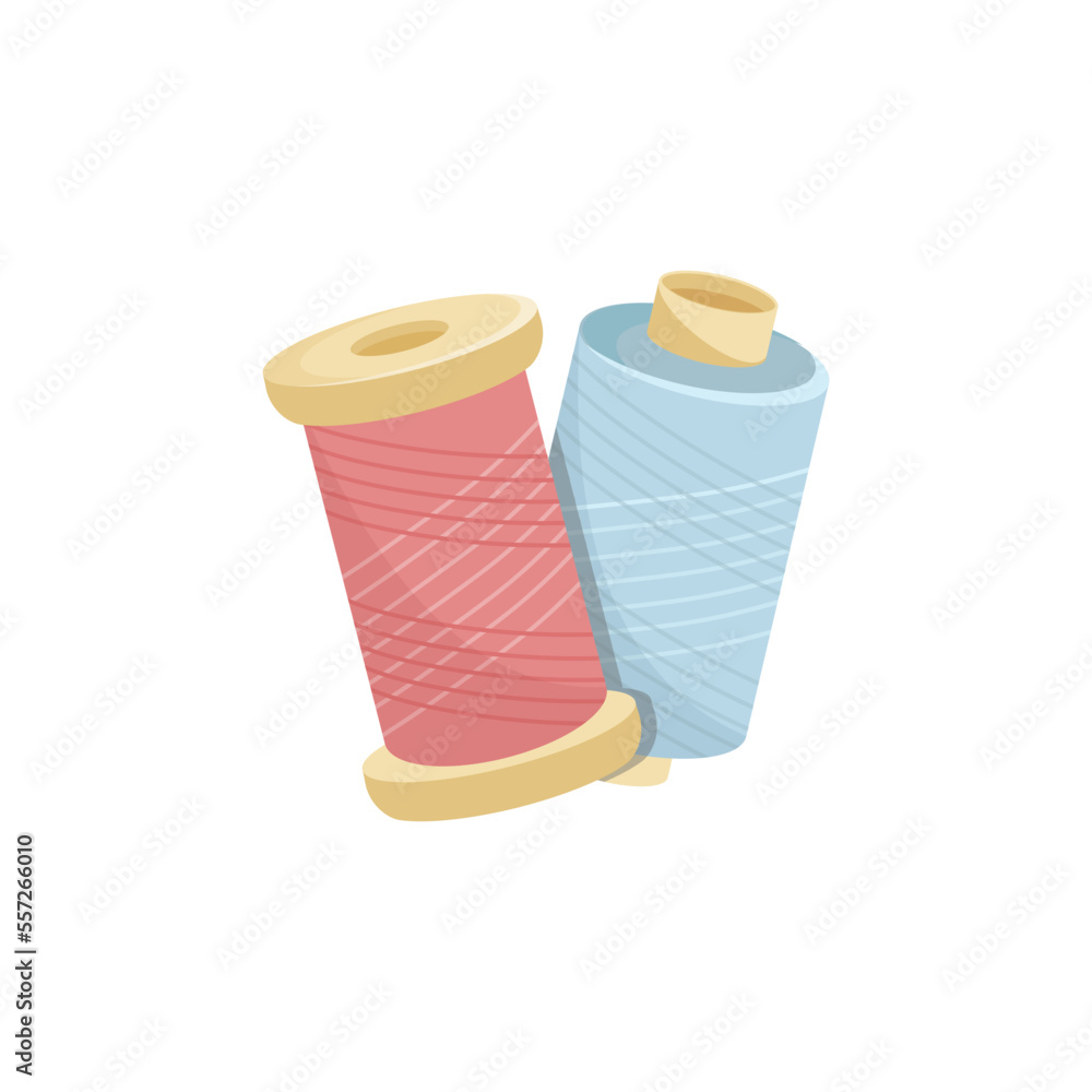 Spools of threads flat color vector objects isolated. Material used at sewing cartoon style illustration