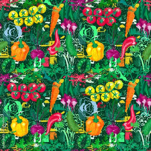 Vegetables seamless pattern in grunge badass style. Farm veggies organic background illustrations 