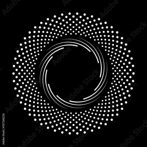 Abstract white halftone dots in circle form. Geometric art. Design element for border frame, round logo, blackout tattoo, sign, symbol, web pages, prints, template, pattern and abstract background