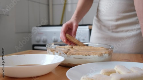 The process of cooking tiramisu. the cook dips savoiardi, savoyardi, adyfinger (biscuit), sponge fingers, boudoirs, baby fingers in coffee and spreads it on mascarpone