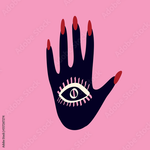 Magical mystical symbol of a hand with an eye. Ugly funky illustration