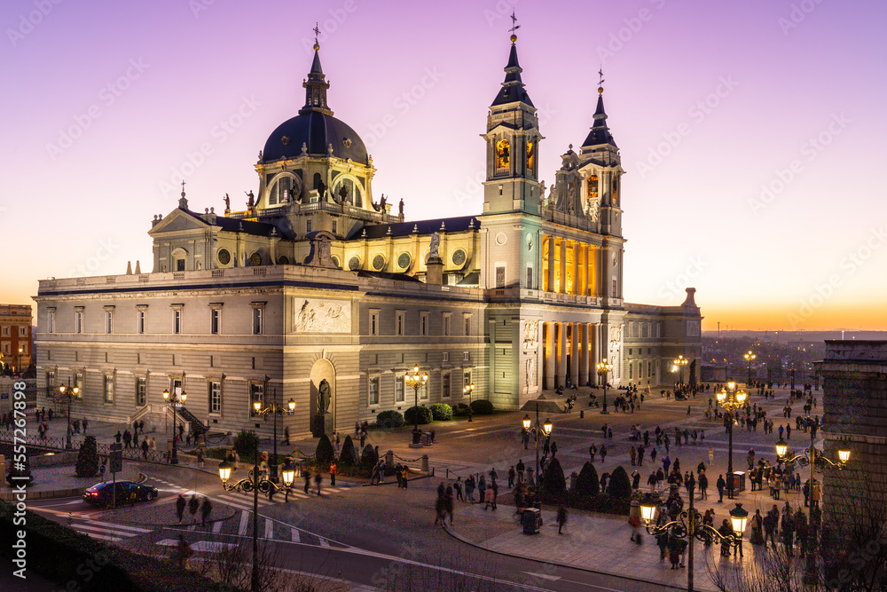 Madrid, Spain 28-12-2022 The Almudena Cathedral during a colorful sunset, it is the most important  and Catholic religious building in Madrid and a visit is free of charge except for the crypt  