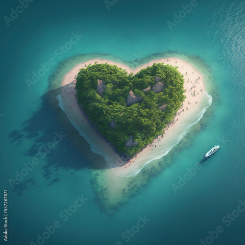 Heart shaped island and ship. Generative AI. 