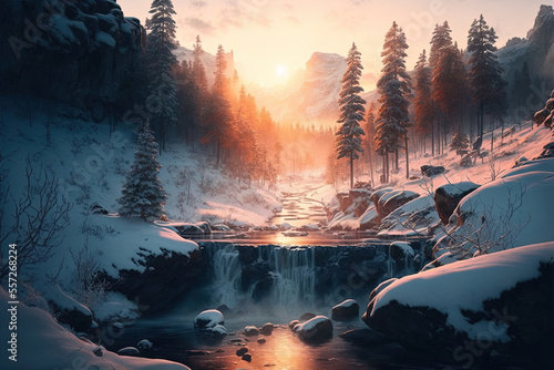 Beautiful winter landscape with a waterfall, sunrise, snowy trees in the background. Generative AI . 