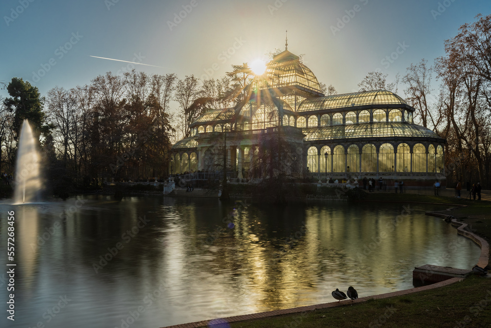 Madrid, Spain 28-12-2022 the Glass Palace located in El Retiro Park, a UNESCO World Heritage Site. It was originally built in 1887 as a greenhouse to showcase flora and fauna as part of an exhibition