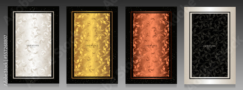 Elegant metallic cover set. Gold, copper, white and black abstract floral pattern with delicate glitter. Modern botanical design with frame.