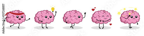 Set of cute pink brains in cartoon style. Vector illustration of the brain with different emotions: brain running, with light bulb, waving, in love, dizzy isolated on white background.