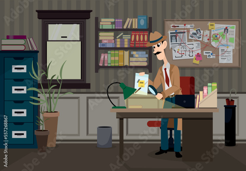 Vector illustration of a detective in a police office. Detective cartoon character looking for evidence. Investigator's room with desk, wardrobe, bookshelf, detective board with notes and map.
