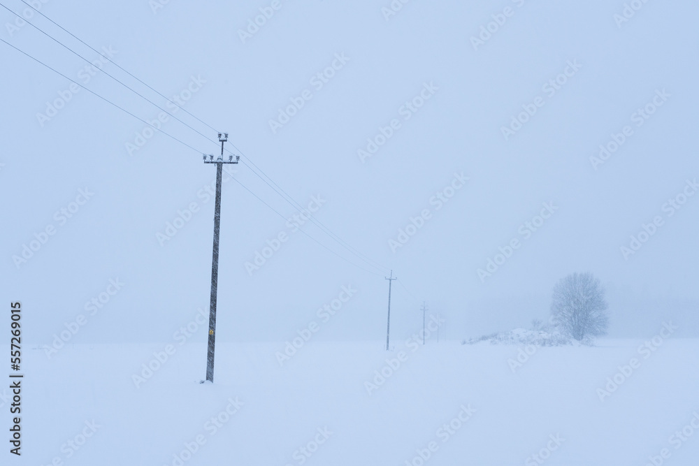 Overhead electric line on a snowy field during a blizzard in Estonia, Northern Europe