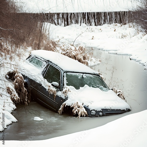 Car slipped into a ditch on a snowy winter day. Generative AI.