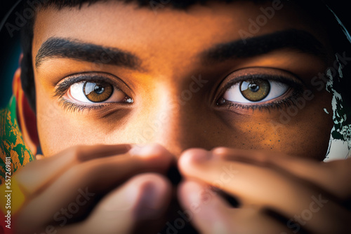 The World at Your Fingertips, blurred fingers of sudent next to his green eyes