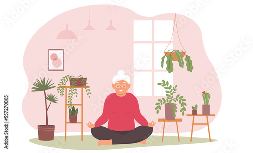 An elderly woman does yoga at home among various green plants. An old lady with gray hair is sitting in a lotus position on the floor, meditating and relaxing. Vector graphics.