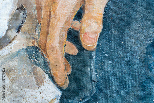 A young man with curly hair holds a handkerchief in his hand. The young man lies on a pillow. Classical melancholy painting with biblical motifs. Clock on a white wall.