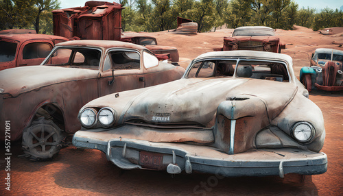The painting depicts a desolate desert landscape littered with abandoned vintage cars. Generative AI © 4K_Heaven