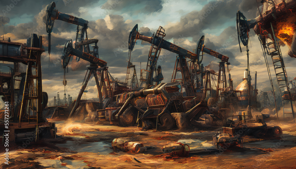 Oil field, where towering machinery tirelessly extracts valuable crude oil from the earth. Generative AI Oil field, where towering machinery tirelessly extracts valuable crude oil from the earth. Generative AI